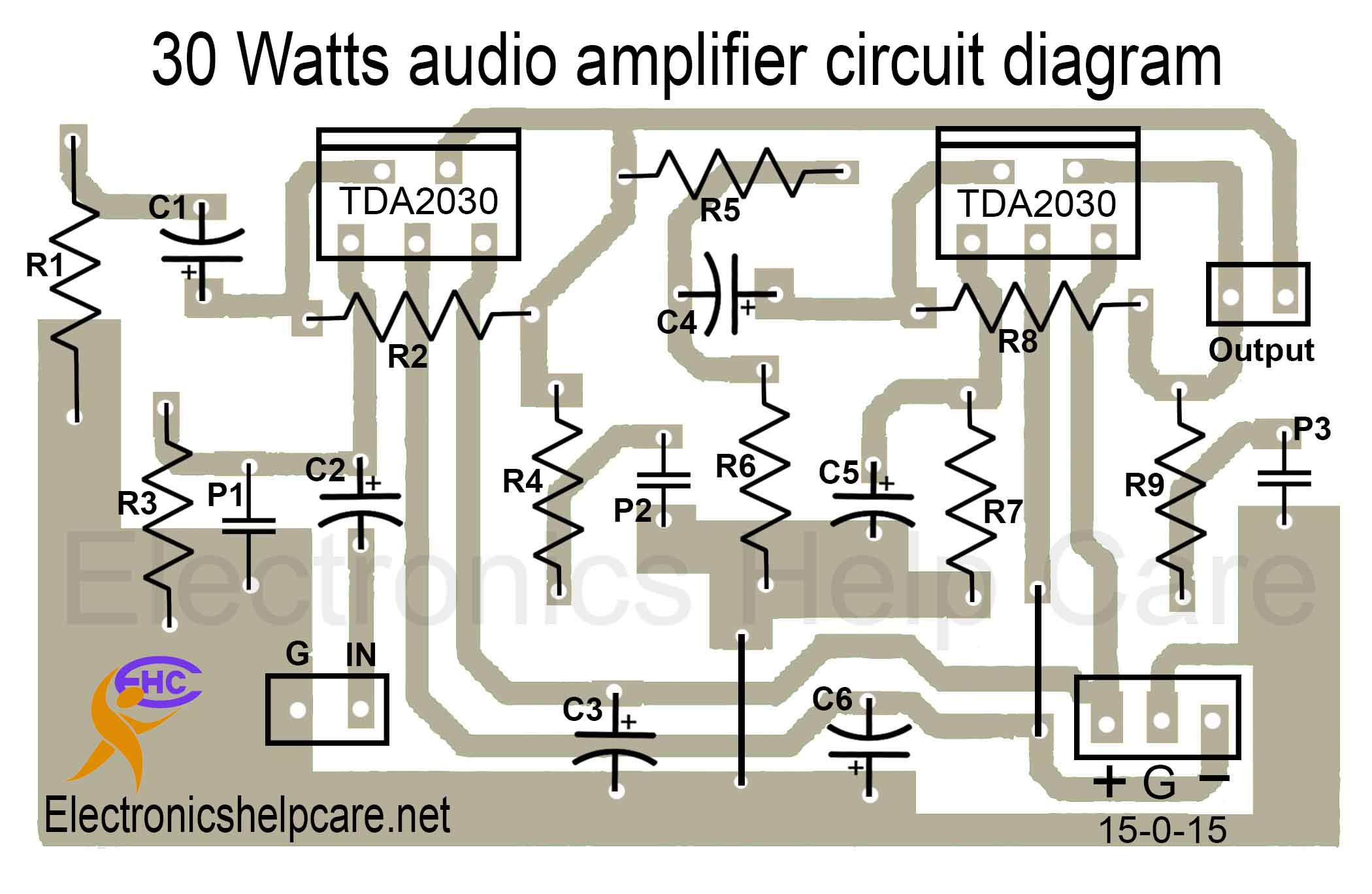 Audio amplifier circuit using TDA2030