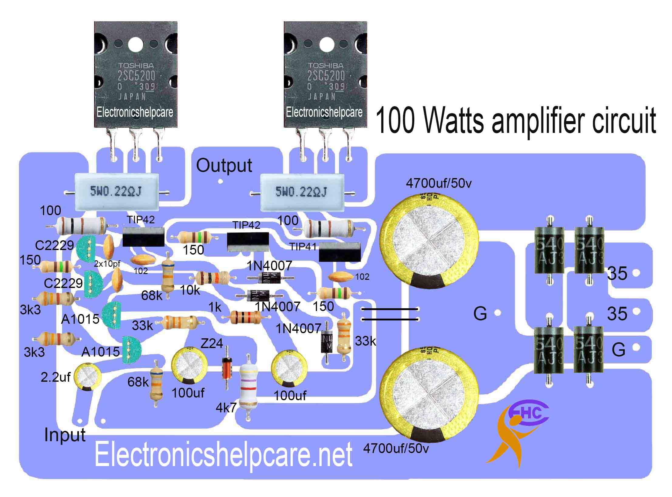 100 watts amplifier circuit