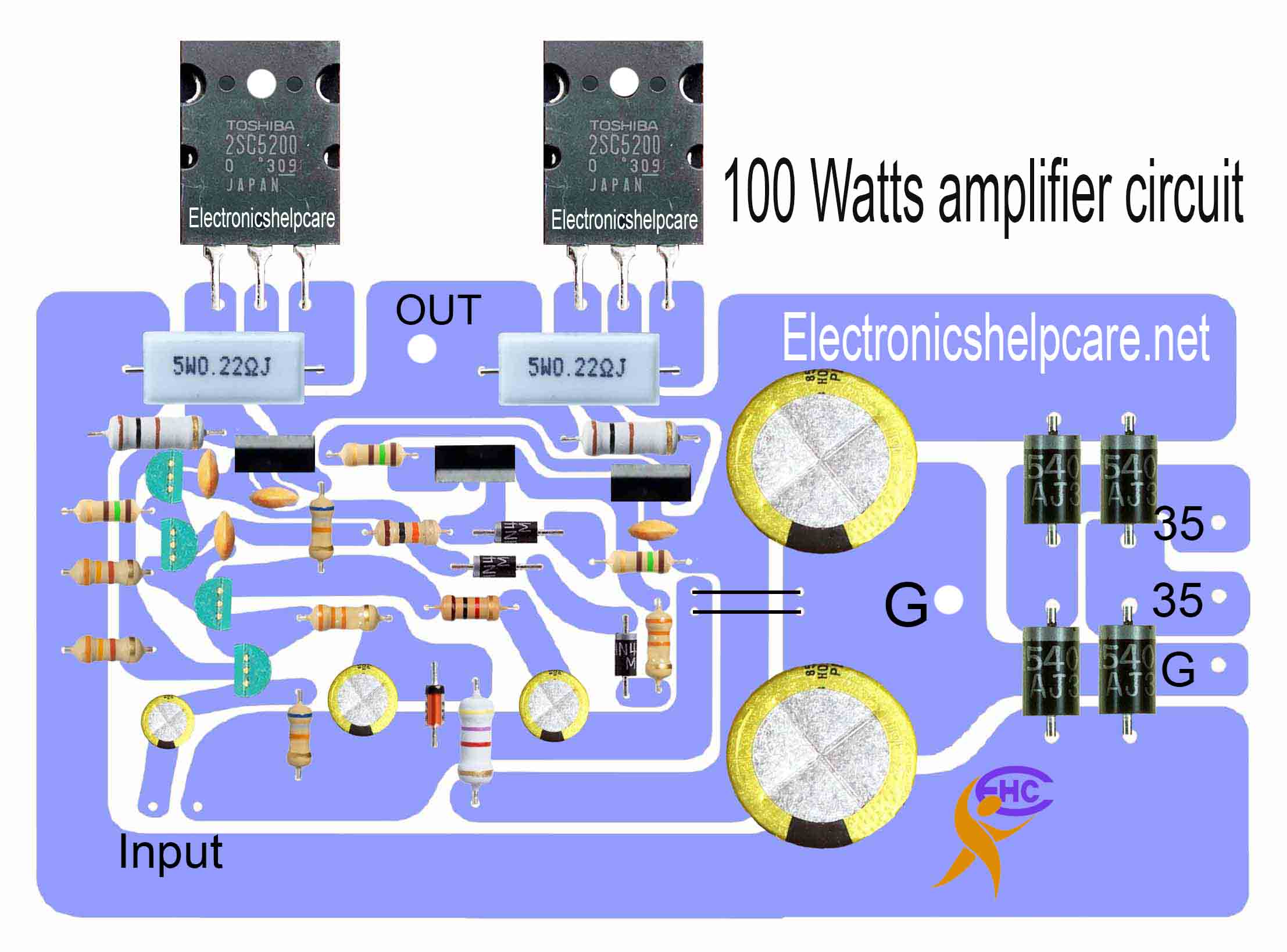 100 watts amplifier circuit