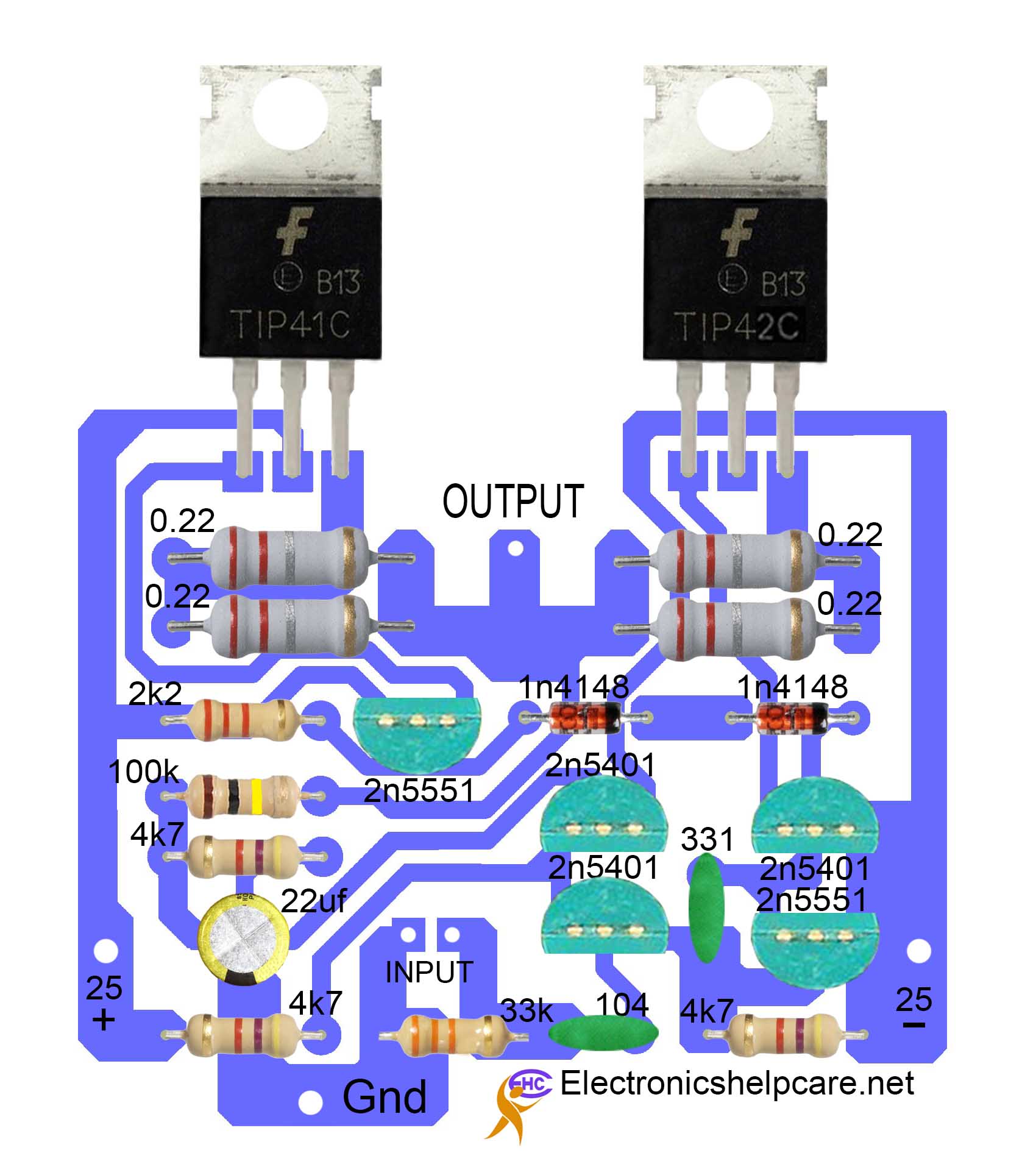 Audio amplifier circuit using tip41 and tip42