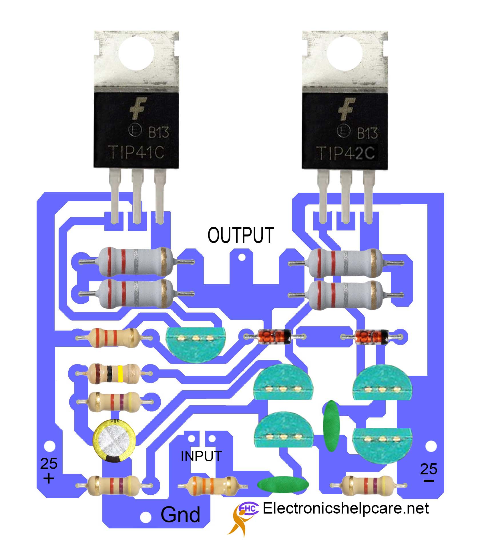 Audio amplifier circuit using tip41 and tip42