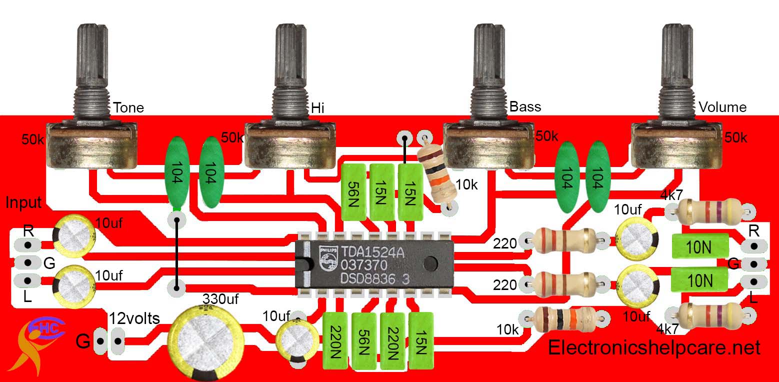 Tone control circuit diagram using TDA1524A