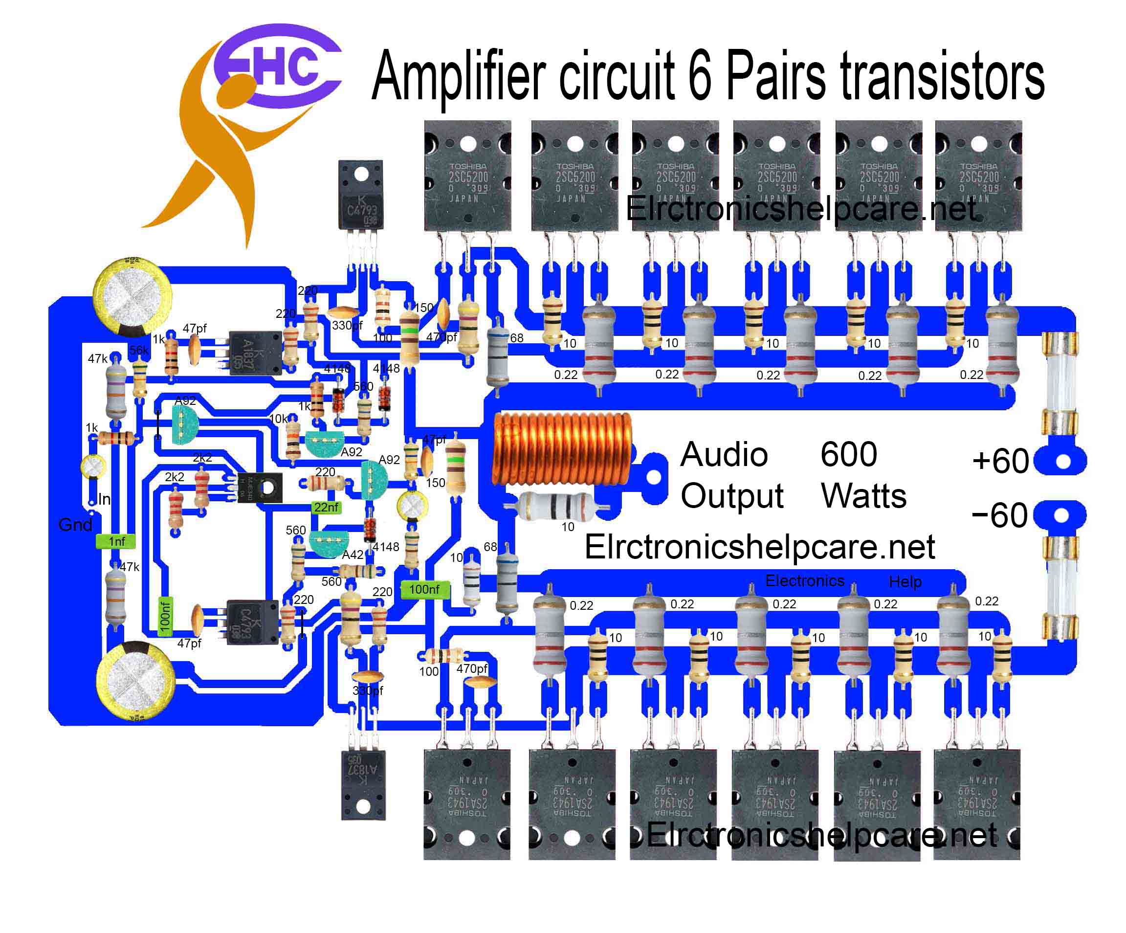 Amplifier circuit 6 Pairs transistors