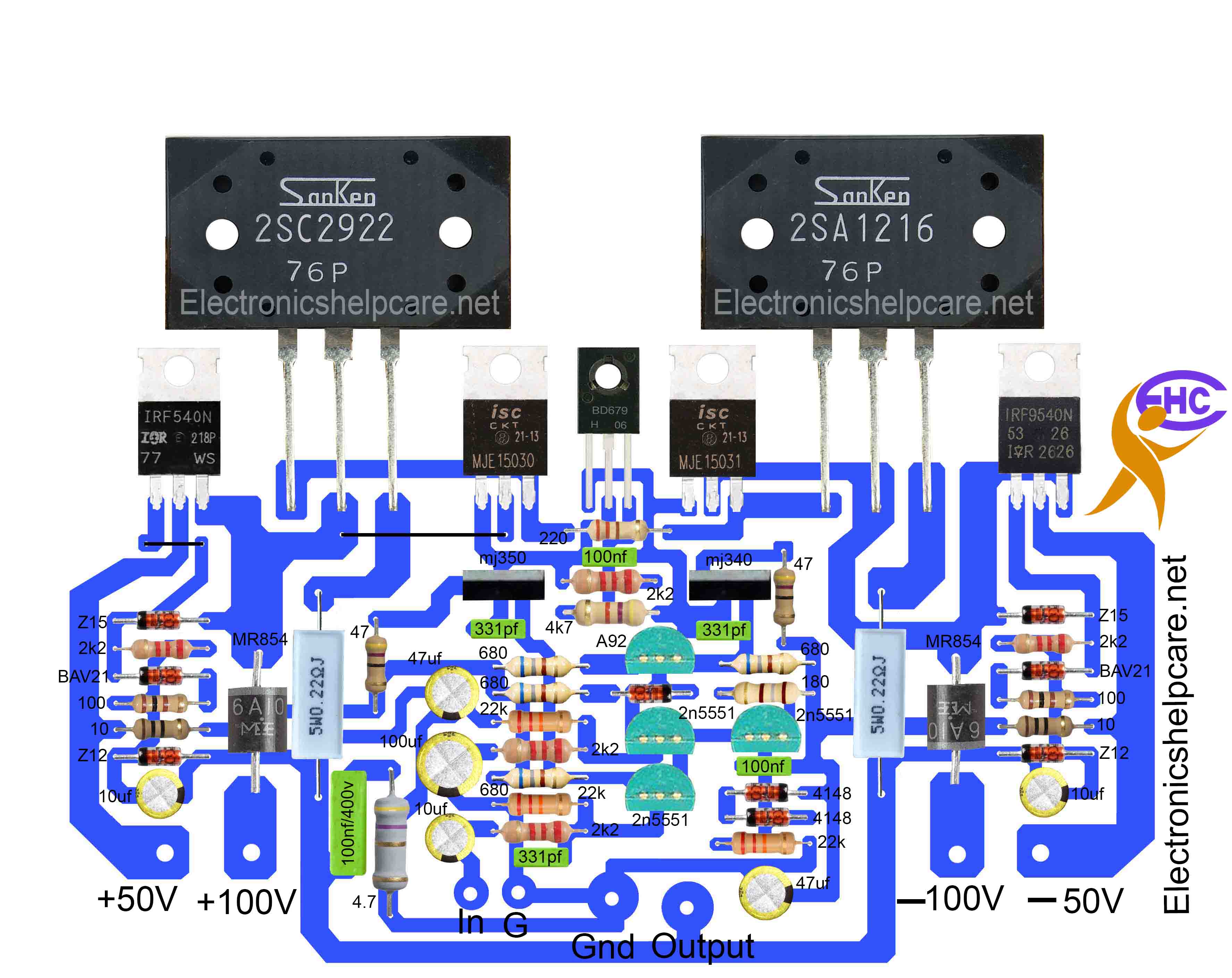 Transistor amplifier circuit diagram using high and low voltage.