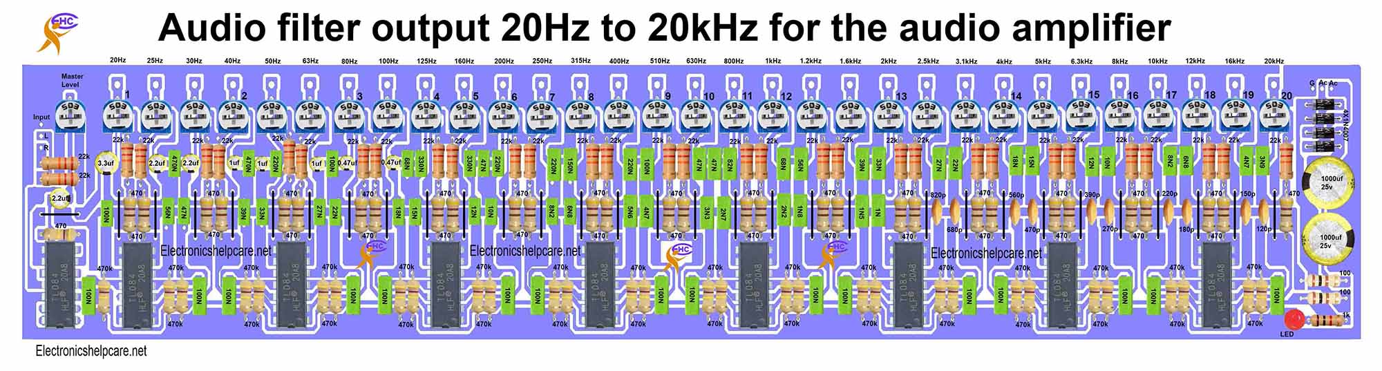 Audio filter output 20Hz to 20kHz for amplifier