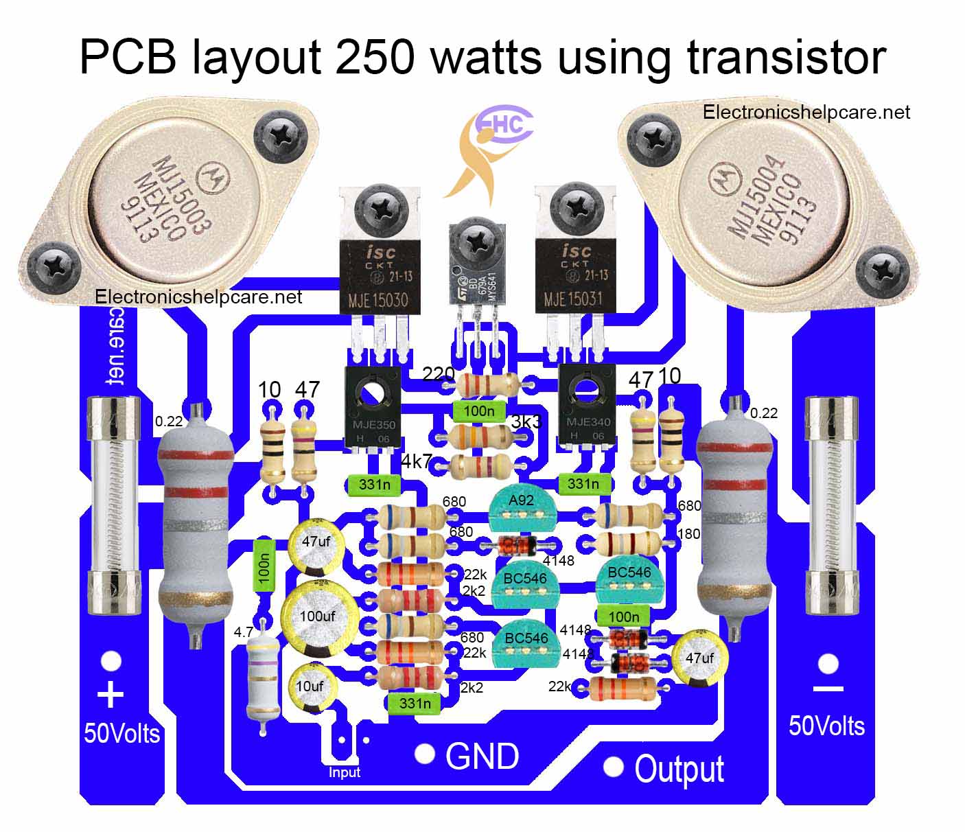 PCB layout driver 250 watts using transistor