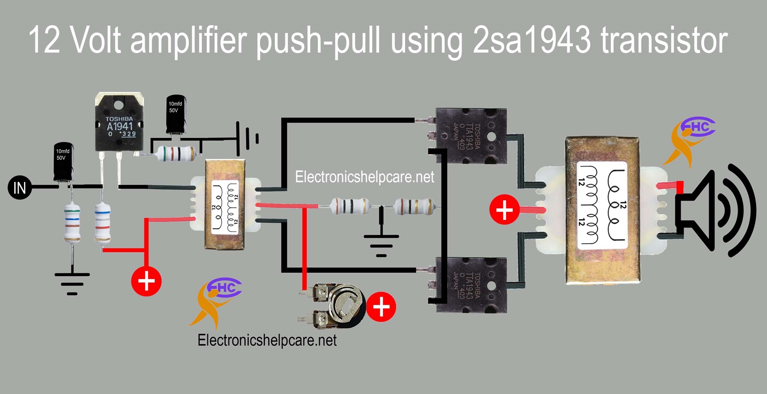 12 Volt amplifier push-pull using 2sa1943 transistor