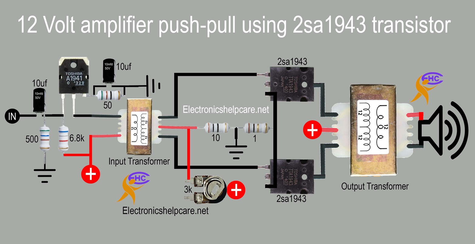 12 Volt amplifier push-pull using 2sa1943 transistor