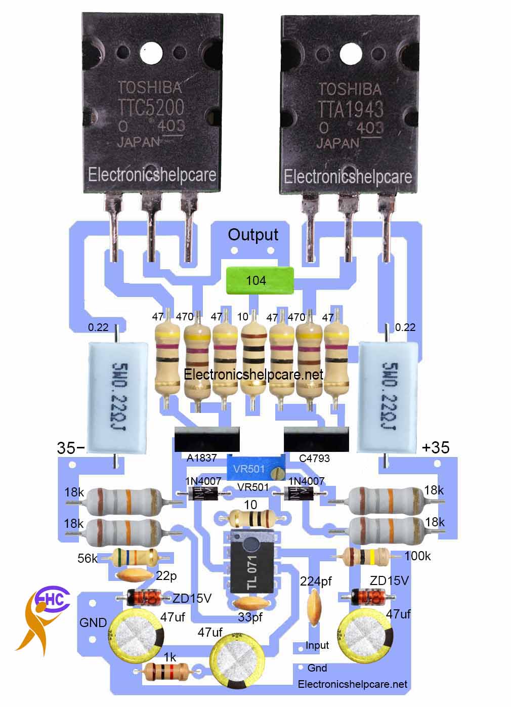 Amplifier circuit using 2sc5200 and 2sa1943