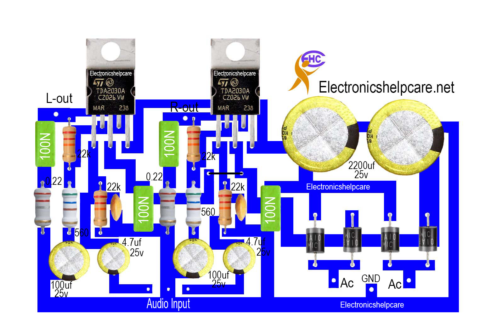 Amplifier diagram using tda2030 .