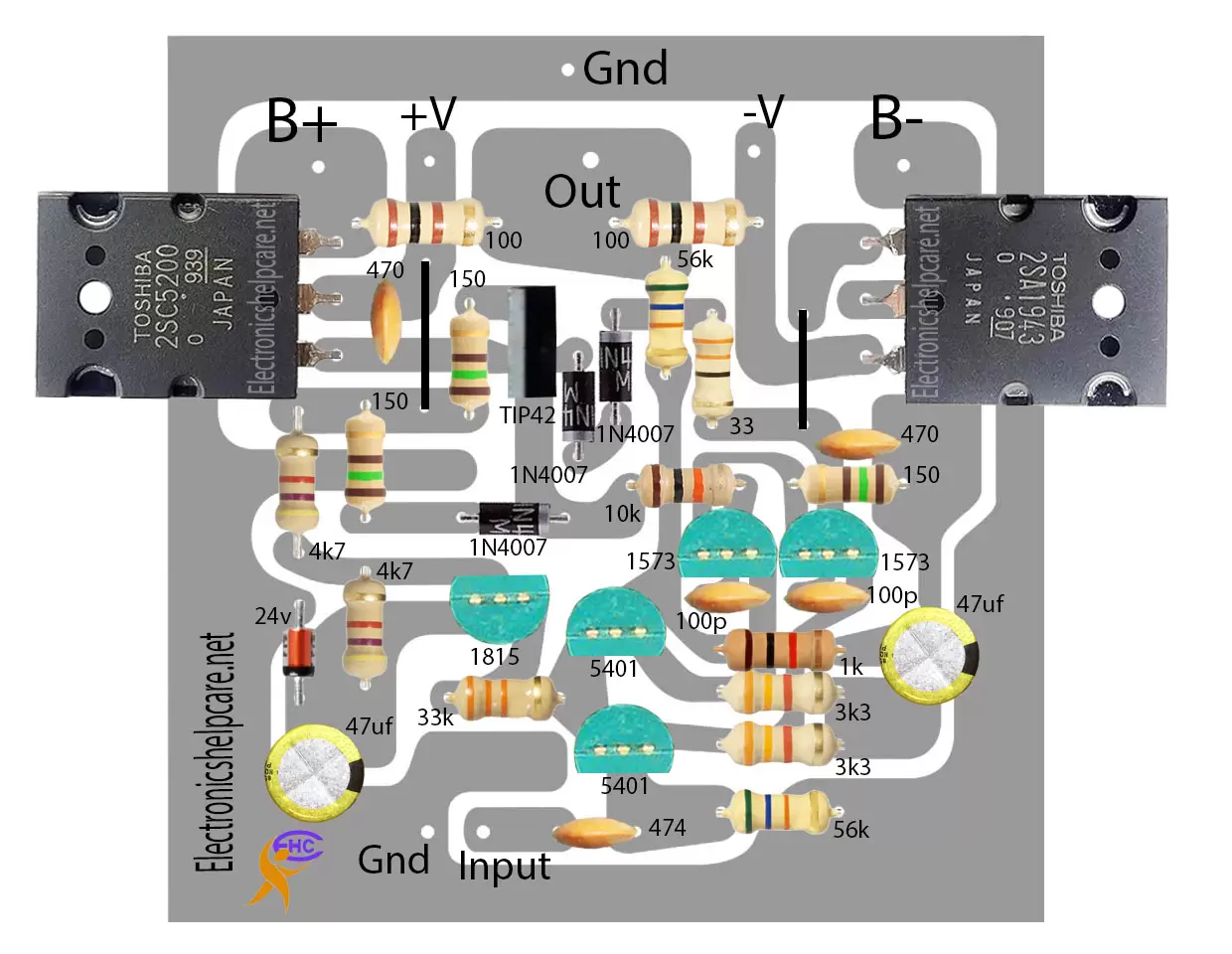 Amplifier driver circuit for 2sc5200 and 2sa1943