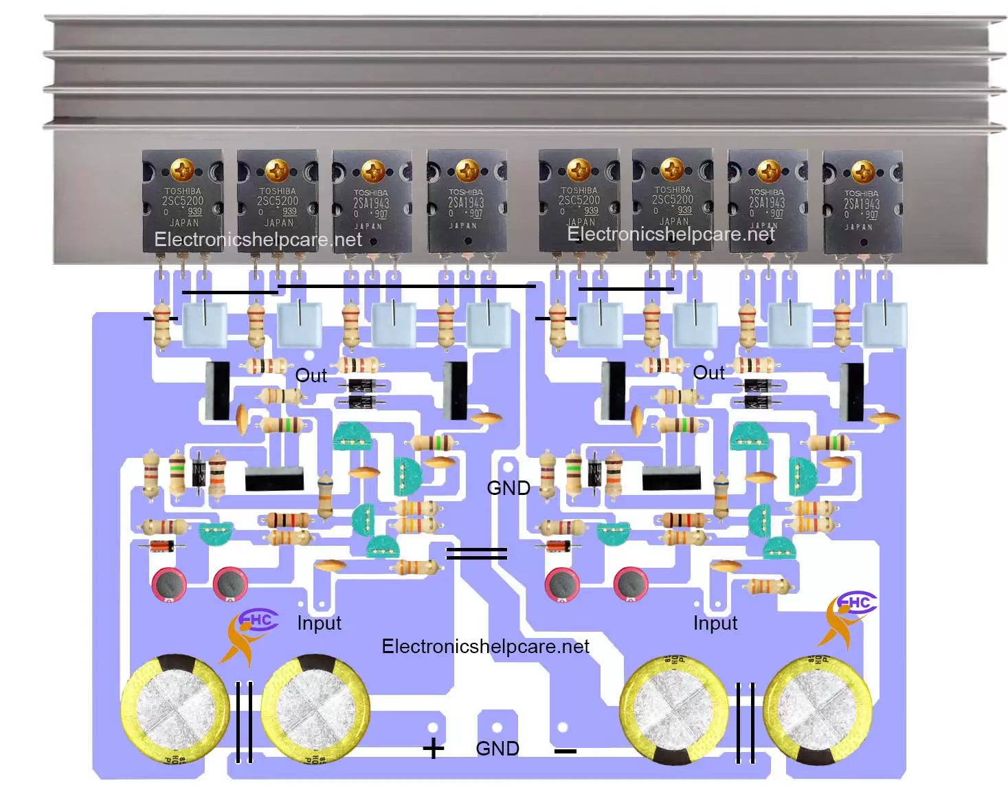 Stereo amplifier circuit board using 2sc5200 and 2sa1943.