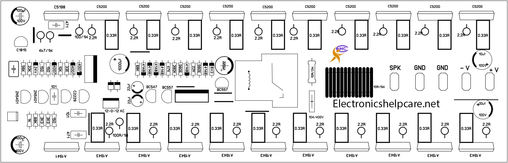 1000 watts transistor circuit diagram using 2sc5200 and 2sa1943.