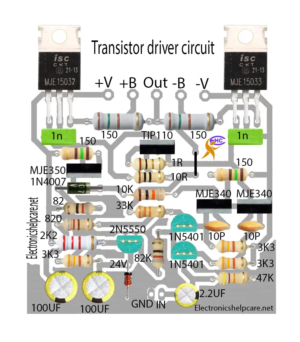 Amplifier driver circuit for transistor MJE15032 and MJE15033
