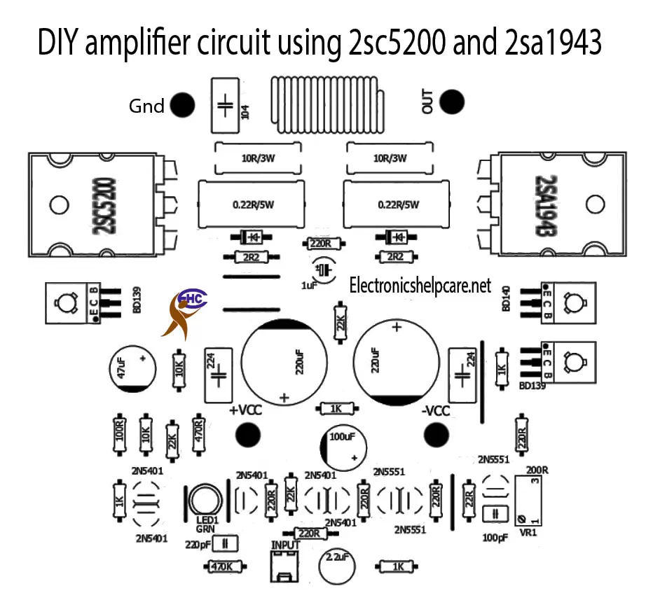 DIY amplifier circuit using 2sc5200 and 2sa1943
