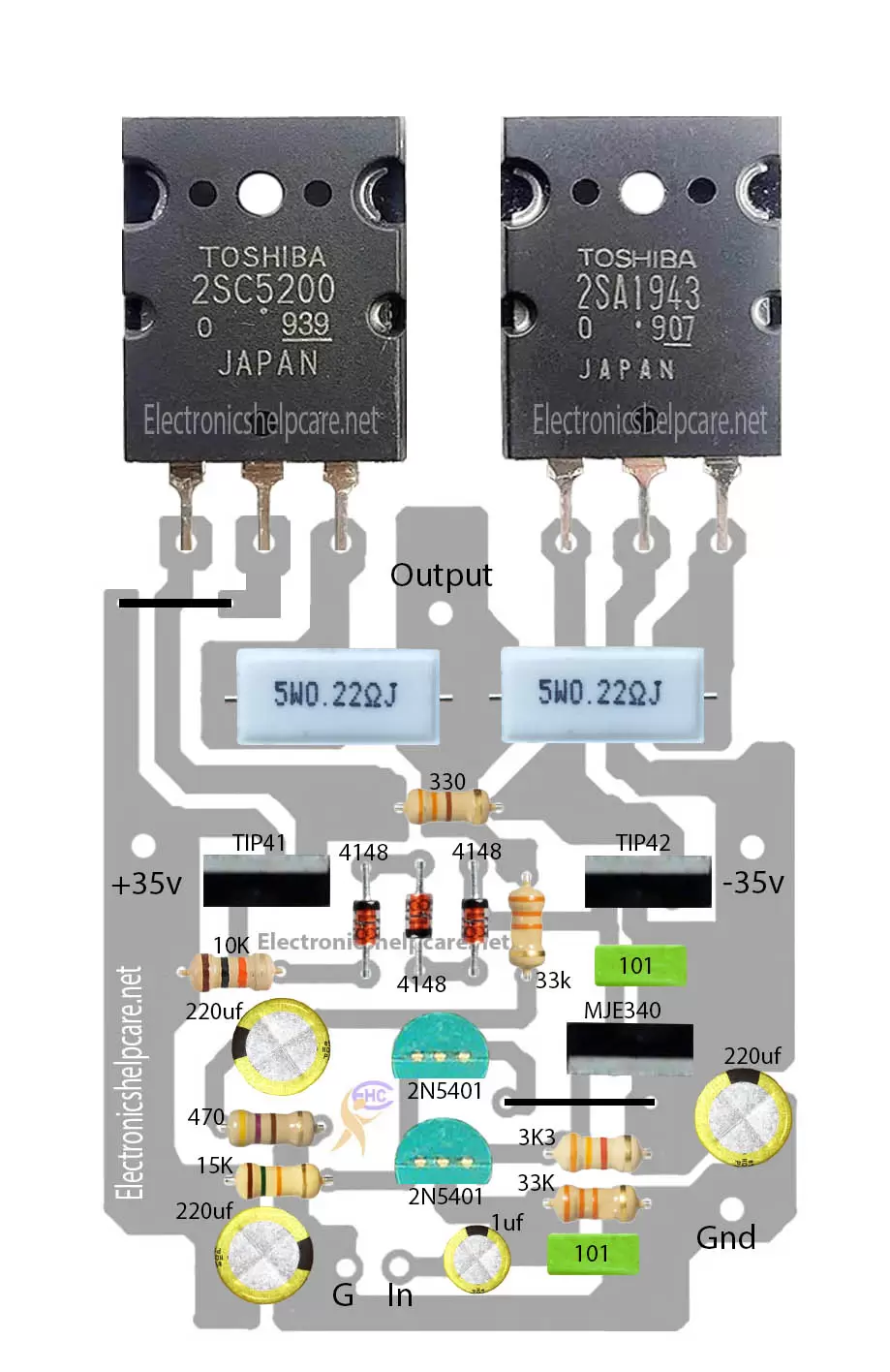Mini amplifier circuit diagram using 2sc5200 and 2sa1943 .