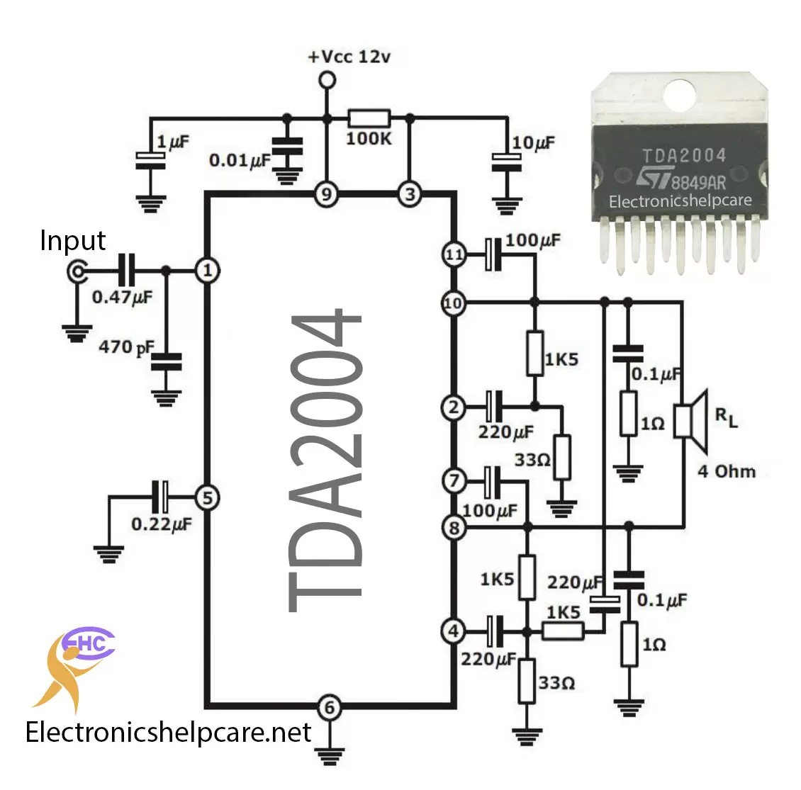 20 watts amplifier circuit diagram using TDA2004