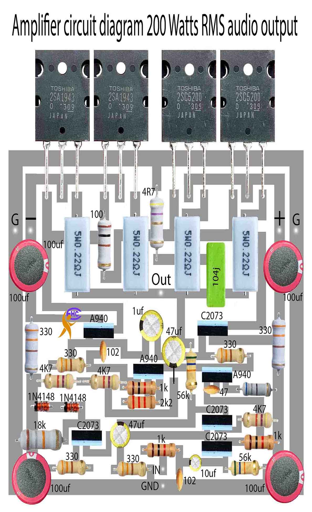 Amplifier circuit diagram 200 Watts RMS audio output - Electronics Help ...